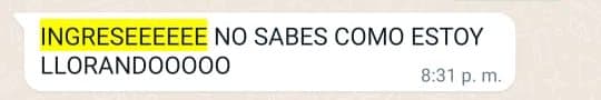 Mensaje de un estudiante que ingresó en WhatsApp